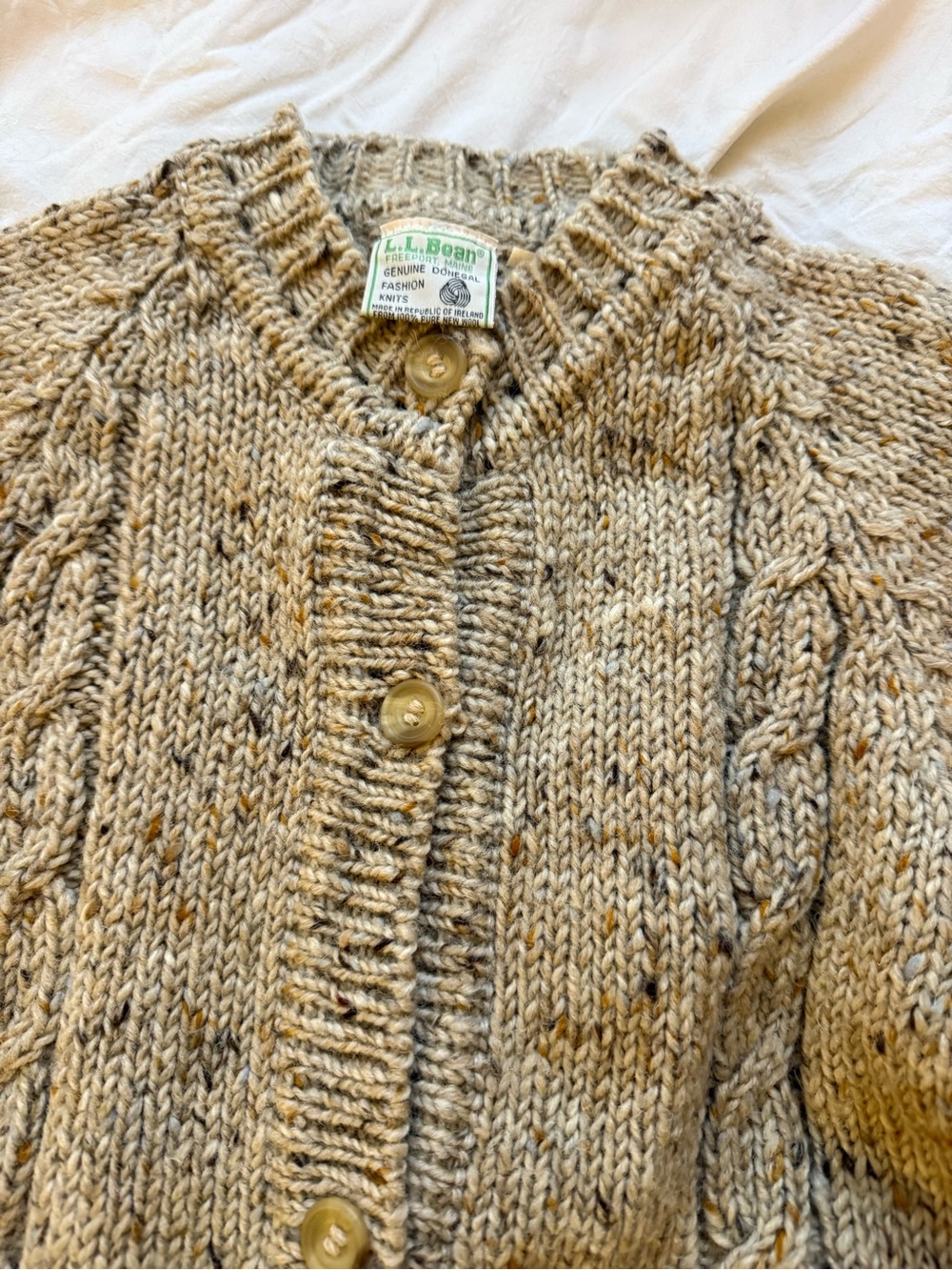 Vintage L.L Bean Cream and Brown Speckled Cable-Trim Wool Cardigan